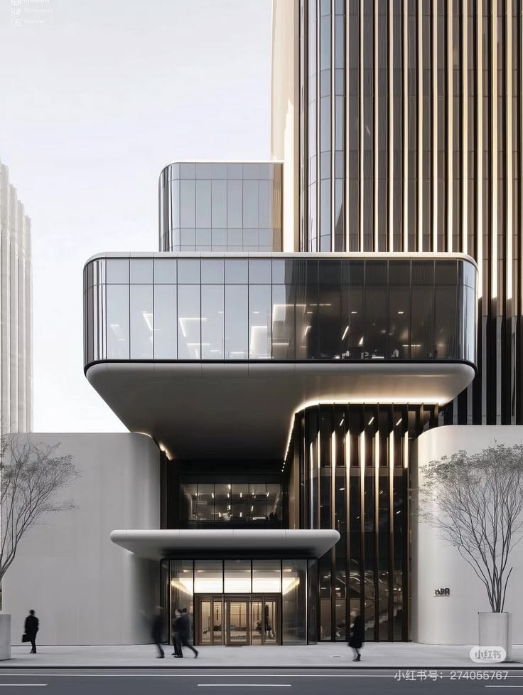 圆角悬挑玻璃建筑与竖向金属格栅